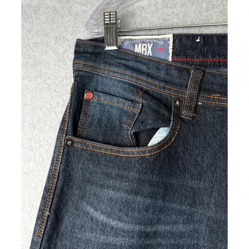 MBX Mens Slim Stretch Jeans W34 L30 Dark Blue Denim 5 Pocket